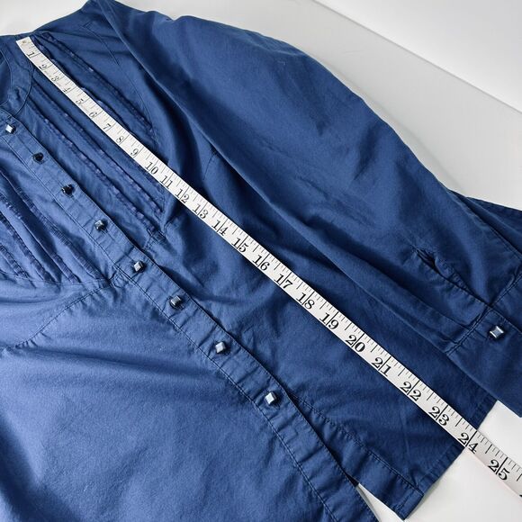 Talbots Blue Pin Tuck Blouse Petite Sz S Button Up Shiny Buttons Mock Neck Women - Picture 10 of 13